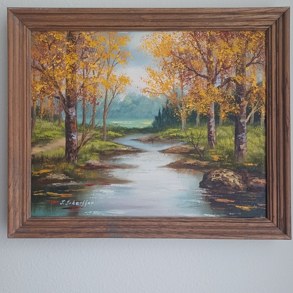 Rustic Landscape Oil On Canvas Signed J. Schaeffer - Meandering Stream In Woods
